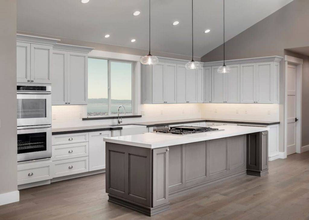 Grey Kitchen With White Worktops